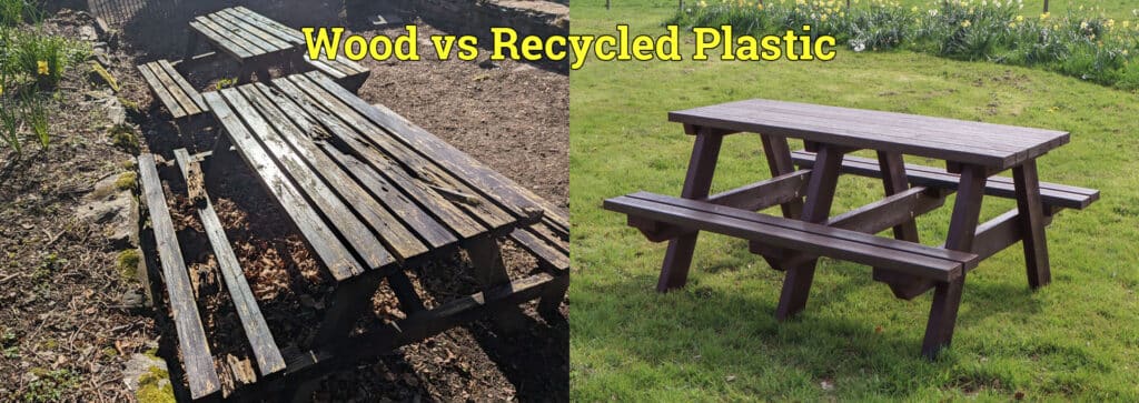 An image showing the difference between an old wooden picnic table and an old recycled plastic picnic table. The image shows how badly the wooden table has rotted away, while the recycled plastic table still looks pristine.