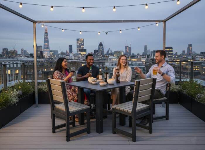 Featherstone square grey black London rooftop drinks snacks Featherstone square grey black London rooftop drinks snacks