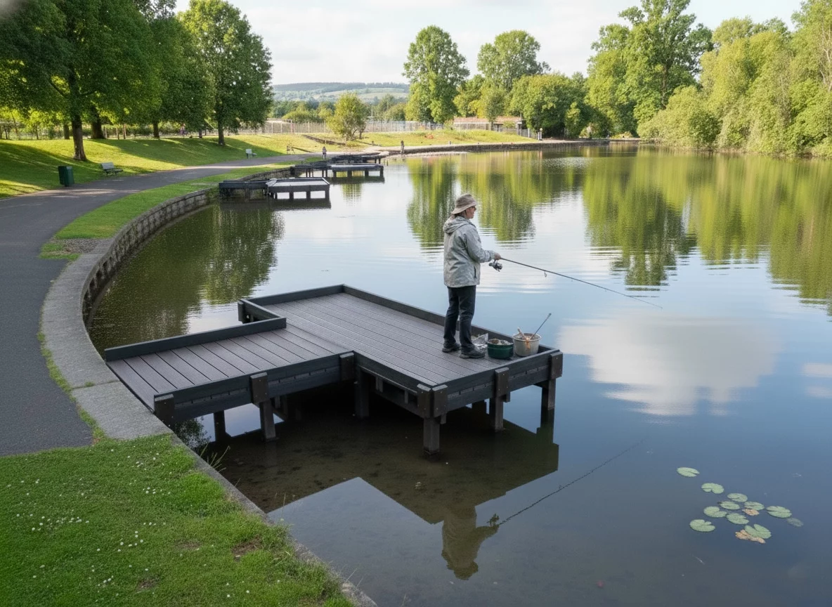 man stood up fishing on a British Recycled Plastic Fishing Platform