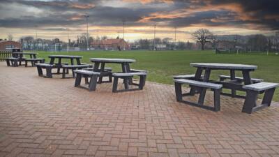 4 calder recycled plastic picnic tables in brentwood school outdoor area