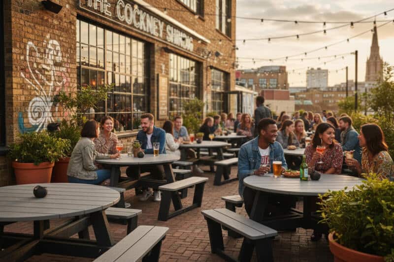 People socialising at a lively terrace, sitting on our recycled plastic calder picnic tables made with dark grey artificial lumber