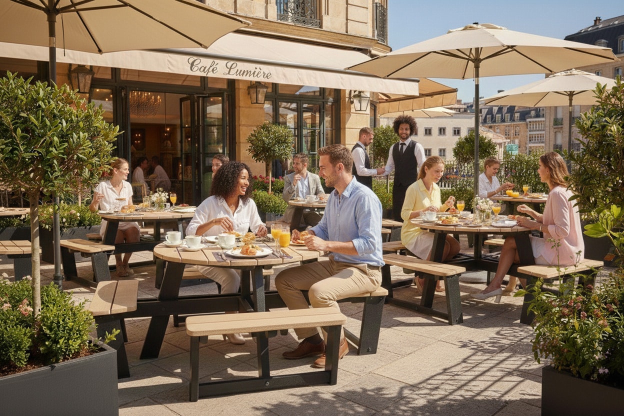 Recycled plastic lumber in our sand shade used for cafe seating