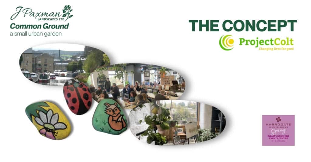 Concept graphic for Common Ground garden which will feature at Harrogate Spring Flower Show, including hand painted decorative pebbles and Project Colt community centre.