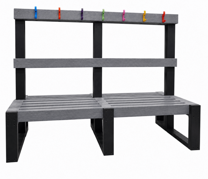 Grey and black wetherby changing room bench with coloured coat hooks Grey and black wetherby changing room bench with coloured coat hooks.png