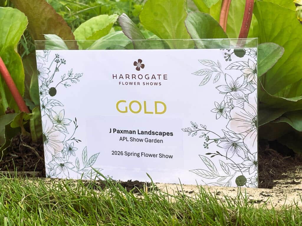 A printed certificate for a Gold Award at the Harrogate Spring Flower Show 2026. The award is made out to J Paxman Landscapes for their APL Show Garden 'Common Ground'.