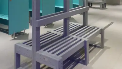 Grey changing room bench with colourful hooks. British Recycled Plastic