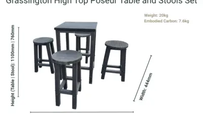 A black Grassington High Top Poseur Table and Stool Set made from recycled plastic, complete with weight and dimensions info.