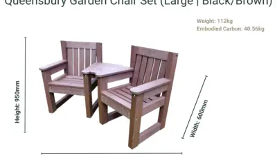 A large brown Queensbury Chair Set made from recycled plastic, complete with weight and dimensions info.