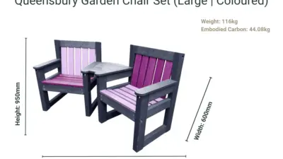 A large pink Queensbury Chair Set made from recycled plastic, complete with weight and dimensions info.