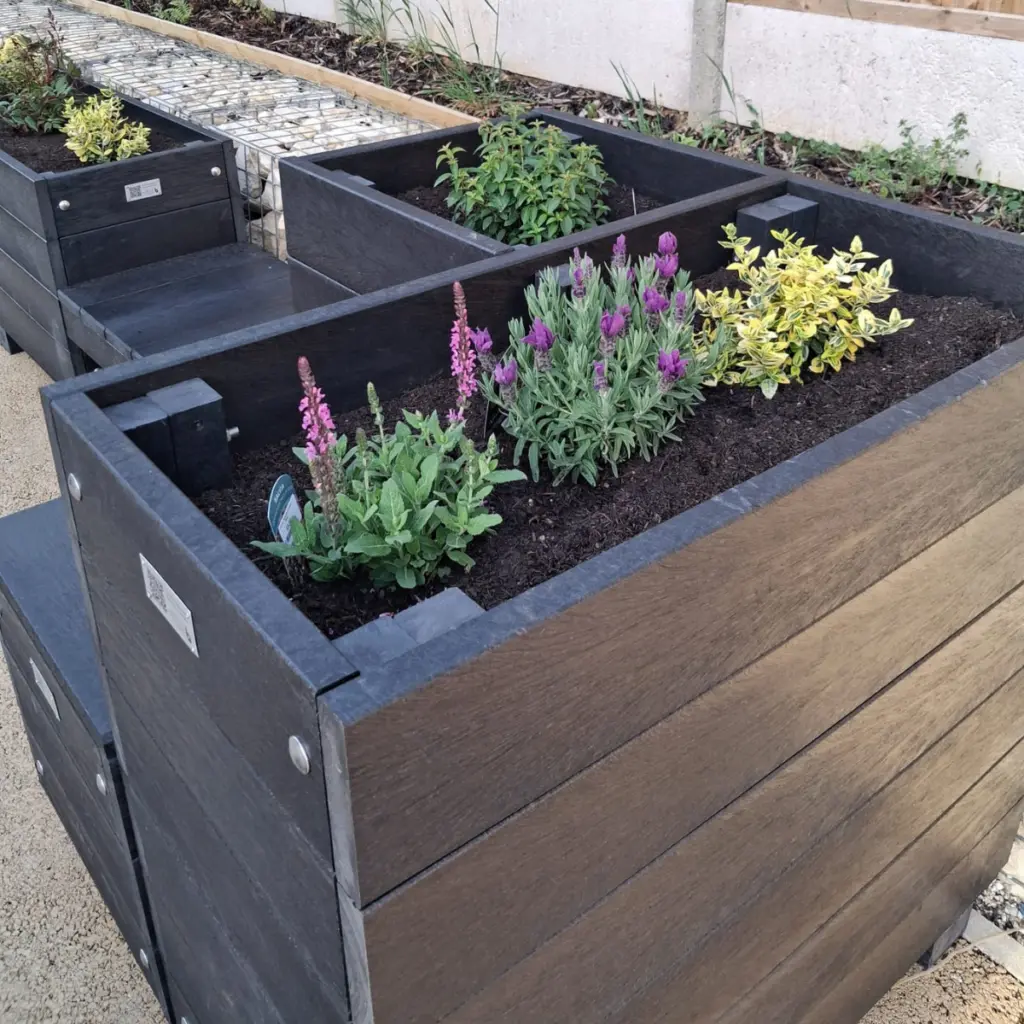 Parklet square 2 rectangular recycled plastic parklet with flowers